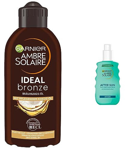 Garnier Bräunungsöl für vorgebräunte und dunkle Haut & After Sun Feuchtigkeitsspray, Kühlendes und beruhigendes Pflegespray für strapazierte Haut, Ambre Solaire After Sun 24h, 1 x 200 ml