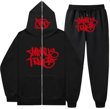 Gefomuofe Minus Two Tuta da uomo, Y2K, tuta da jogging, 2 pezzi, invernale, leggera, tuta sportiva da jogging, unisex, con cappuccio e pantaloni Y2K, con chiusura lampo, abbigliamento sportivo,