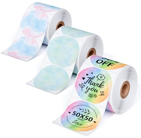 Phomemo 3 Rollen M110 Thermotransfer-Etiketten rund - Multifunktionale selbstklebende Etiketten, 3 Rollen 1,57'' x 1,57'' (50x50mm) bunte runde Etiketten, 140 Etiketten/Rolle, insgesamt 3 Rollen