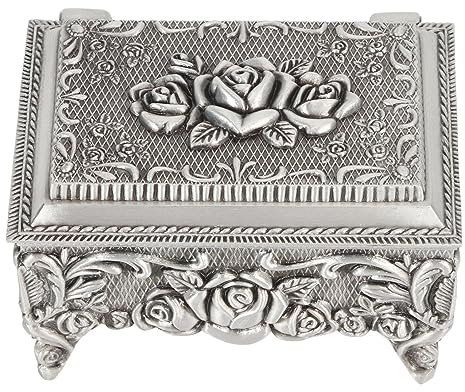 Vintage-Schmuckkästchen aus Metall, Rechteckige Schmuckschatulle, Elegante, mit Rosen Geschnitzte Aufbewahrungsbox für Ring-Ohrring-Schmuck, Schminktisch-Regal