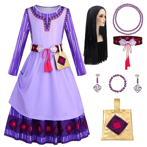 Wish Asha Kostüm für Mädchen, Asha Kostüm für Kinder, Prinzessinnen-Kleid Asha mit Perücken, Tasche, Halsketten und Ohrringen, Cosplay, Kostüm Halloween Karneval Kinder Asha Kleid 3-4 Jahre, 100 cm