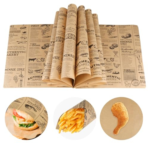 120 Blatt Deli Papierblätter, Lebensmittelverpackung Papier, 25x25cm Einweg Fettdichtes Papier, Pommes Papier, Käsepapier, Wachspapier für Sandwiches, Frites, Burger, Kuchen Tischdekoration