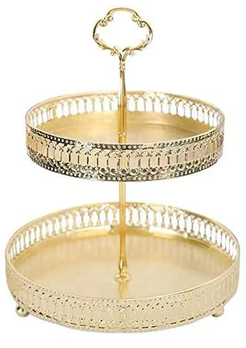 Etagere 2 Etagen Gold - Große Servierplatte, Obst-und Gebäckschale, Konfektschale, Dekoratives Rundes Serviertablett für Gemüse, Snacks, Süßigkeiten (Ausgehöhlte Vertikale)