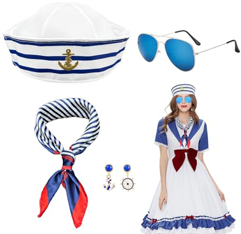 XNIVUIS Matrosen Kostüm Damen Kapitän Kostüm Inklusive Matrosenhut Marine Yacht Hut Sonnenbrille Schal Ohr Accessoires,Nautisches Kostüm für Frauen Valentinstag Bachelorette Party((4 PCS))