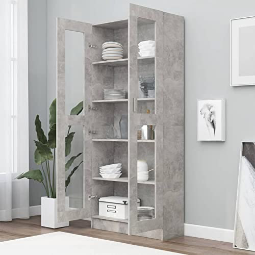 Homgoday Vitrine en verre, vitrine de salon, buffet, buffet, cuisine, bureau, classeur, avec 5 étagères, 2 portes en verre, 82,5 x 30,5 x 185,5 cm, gris béton