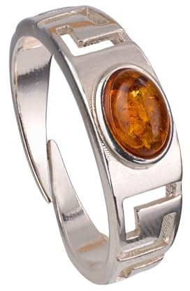 BALTICANA JEWELRY Ring mit griechischem Schlüsselring aus baltischem Honigbernstein und Sterlingsilber, verstellbar, Edelstein-Metall, Bernstein, Metall, Bernstein