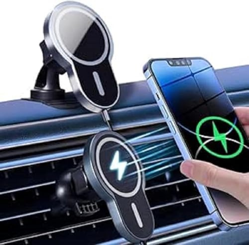 15W handyhalterung Auto mit ladefunktio, Kabelloses Auto Ladegerät Dual-Use Lüftung Armaturenbrett Kfz Magnetische Handyhalter mit Metallringen für iPhone 15 14 13 12 Pro Max Samsung Smartphone