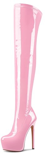 Aachcol Sopra il Ginocchio Spillo Stivali Piattaforma Stivali Alti Fino Alla Coscia Rotonda Punta Cerniera Sexy Dress Alto High Tacco Heel Stivali Rosa Pallido 39 EU