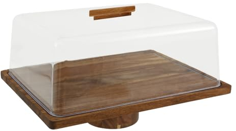 NIHUIFDPY Soporte para tartas con tapa de cúpula acrílica, plato de madera de acacia 2 en 1 con base desmontable, soporte rectangular de madera para tartas de queso y frutas
