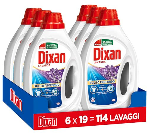 Dixan Liquido Lavanda Detersivo Lavatrice (6 confezioni da 19 Lavaggi), Detersivo liquido lavatrice per una pulizia del bucato, profumo di lavanda e freschezza igienica per la lavatrice
