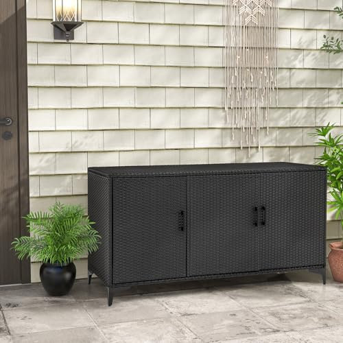 GOPLUS Coffre de Jardin Extérieur en Rotin 318 L, 3 Portes, Placard Boite de Rangement Extérieur Intérieur en Osier PE, Etagères Amovibles, Outils de Jardin, 135 x 50 x 70,5CM (Noir)