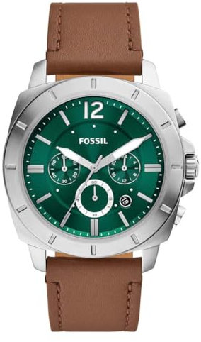Fossil Herren-Armbanduhr Analog Quarz mit Lederarmband BQ2821, grün/braun, modern, Grün/Braun, Modern