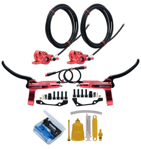 MirOdo Bicicleta Eléctrica 2 Pistones Hidráulico Frenos Disco Juego 2 Pines Apagado Dividido Freno Montaje Derecho con Mangueras Delanteras Traseras 2300mm/Herramientas para 160mm Rotores(Red)