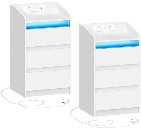 Hzuaneri Table de Chevet Lot de 2 avec 3 Tiroirs, Table d'Appoint avec Station de Charge et LED, 2 Prises CA et 2 Ports USB pour Chambre à Coucher, Salon, Blanc NS40103X