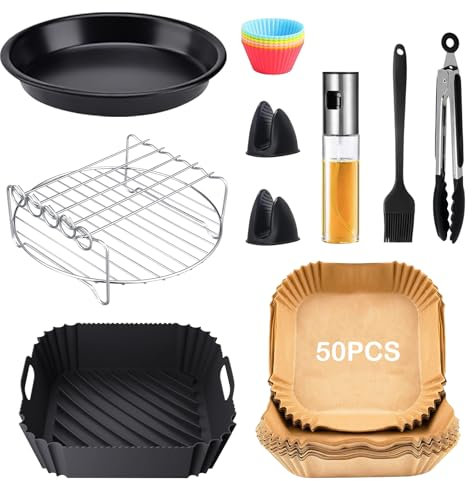 Heißluftfritteuse Zubehör,XXL Airfryer Zubehörnur für COSORI 5,5L, Philips Airfryer 6,2L, Inklusive Silikonform & Backpapier & Heißluftfritteusenrost & Backform, BPA-frei (14-Stücke)