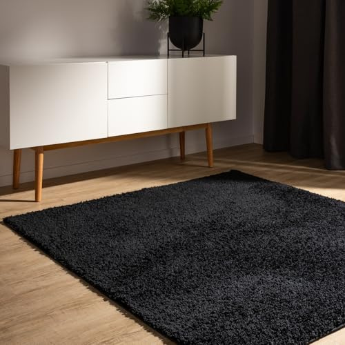 benuta Basic Hochflorteppich Teppich Wohnzimmer Sohari - Schwarz 200x200 cm - Minimalistischer Look - Weich & Waschbar - Für Schlafzimmer, Flur oder Esszimmer - Geeignet für Fußbodenheizung