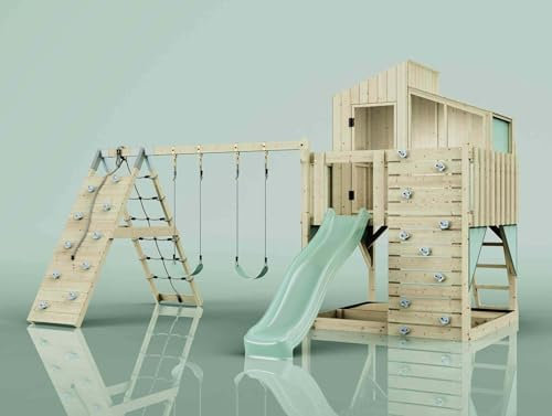 PolarPlay Spielturm Finn aus Holz in Grün Kinderschaukel