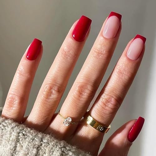 24Pcs French Tip False Nails Short - Press on Nails - Red Fake Nails with Glue - Glossy Full Cover Long Lasting Stick on Nails - Removable DIY Nail Art Gifts for Women Girls