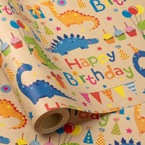 RUSPEPA Boys Birthday Wrapping Paper, Mini Roll, Kraft Paper Roll, Gift Wrap with Dinosaur and Happy Birthday Text Pattern for Kids, Birthday, 43.2cm x 5m