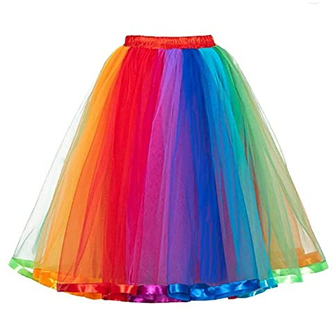 Generisch Regenbogen Tüllrock Damen Tutu bunt Tüll Rock Jahre Retro Ballet Tanzrock Kurz Ballett Tütü Rockabilly Petticoat Unterrock Tanzkleid 80er Minirock Karneval Kostüm für Mottoparty