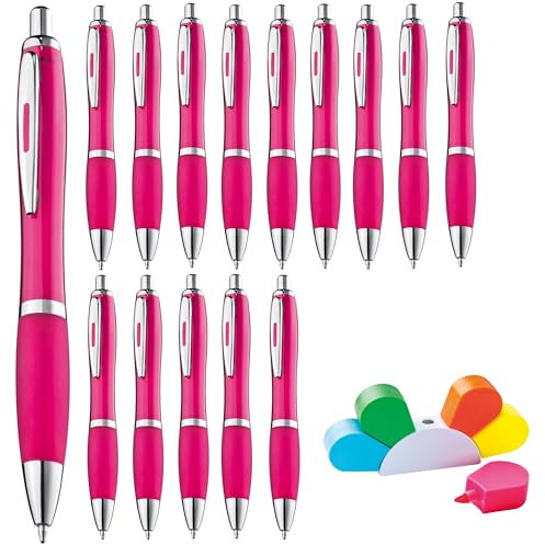 noTrash2003 50 Stück ergonomischer Kugelschreiber Kulis Druckkugelschreiber in trendigen Farben für Gewerbe, Gastronomie, Haushalt, Schule im Sparset mit gratis Textmarker inklusive (Rosa)