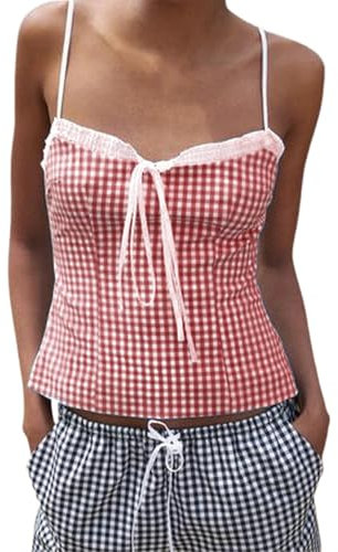 Frauen Y2K Plaid Tank Cami Top Tie-up Front Cami Tops ärmellos Square Neck Shirt Print Fitted Camisole Sommer Tank Tops (Red, S)