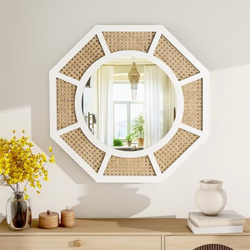 SHYFOY Espejo de pared grande de ratán de 60 cm, espejo decorativo de pared bohemio, espejo de ratán natural trenzado para granja, salón, dormitorio, marco blanco