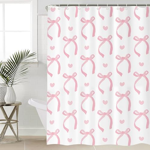 Cute Pink Bow Shower Curtain Quick Dry Polyester Heavy Duty Shower Curtain with 12 Hooks Bathroom Curtain for Wet Room Bathtub Shower Stall Washable 180 x 180 cm