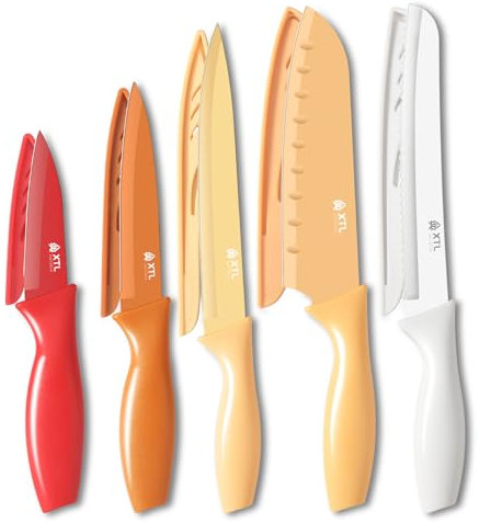 xiaotianlai XTL Ensemble de couteaux de cuisine 5 pièces, couteaux en acier inoxydable avec revêtement antiadhésif en céramique, passe au lave-vaisselle et inoxydable, protège-couteaux inclus 5