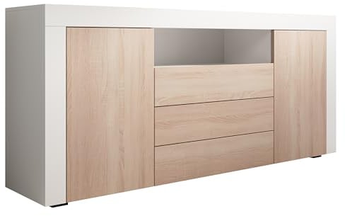 MB Muebles Bonitos, Sideboard mit Türen und Schubladen Yanis für modernes Wohnzimmer und Esszimmer, Melamin matt, Farbe Weiß und Sonoma, 160x72x35 cm
