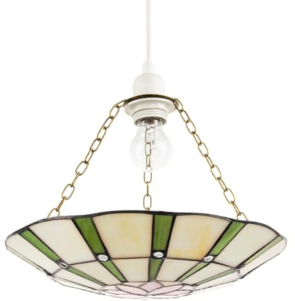 Classic Forest Green and Pink Floral Tiffany Stained Glass Ceiling Pendant Lamp Shade | 31cm x 6cm | Antique Chains Included by Happy Homewares