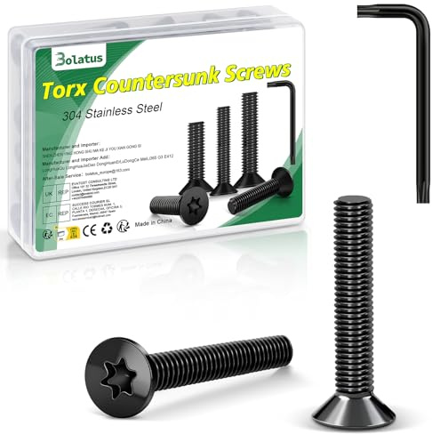 20 Stück M4 x 20 mm Senkkopfschrauben Schwarz, Bolatus 304 Edelstahl Schrauben Torx Senkkopfschrauben mit Torx Schlüssel und Box nach Norm ISO 14581 für Maschinen und Geräte, Außenanlagen, Möbel, Holz