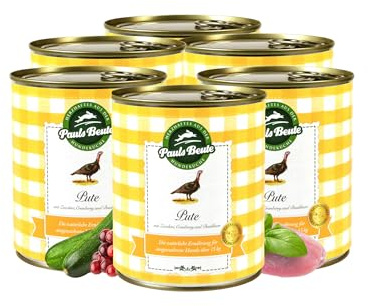 Pauls Beute Hochwertiges Hundefutter Nass | Single-Protein Pute 61% | 6 x 800g | Mit Zucchini & Cranberries | Getreidefreies Nassfutter für ausgewachsene Hunde | Ohne Zusatzstoffe | Leicht verdaulich