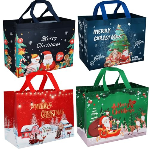 4Stück Geschenktüten Weihnachten Groß, Non Woven Weihnachtstaschen Weihnachtstüten mit Griffen, Weihnachts Geschenktüten, Wiederverwendbare Weihnachtsgeschenktüten, 32.5 x 26 x 17CM