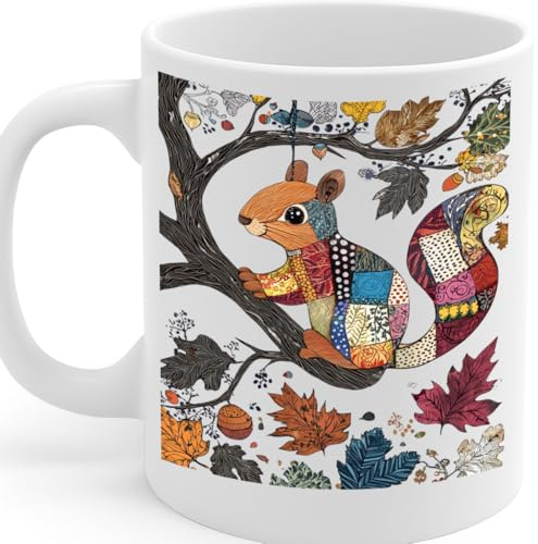 Colourful Patchwork Squirrel in Autumn Leaves Design 11oz Ceramic Mug with C-Handle – MG6612