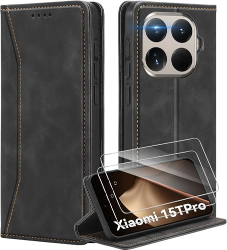 Deisyzy Lederhülle für Xiaomi 15T Pro Hülle, Schwarz | 2 Schutzfolie Premium Leder Handyhülle Kartenfach Klapphülle Standfunktion Flip Wallet Case Stoßfest Hülle