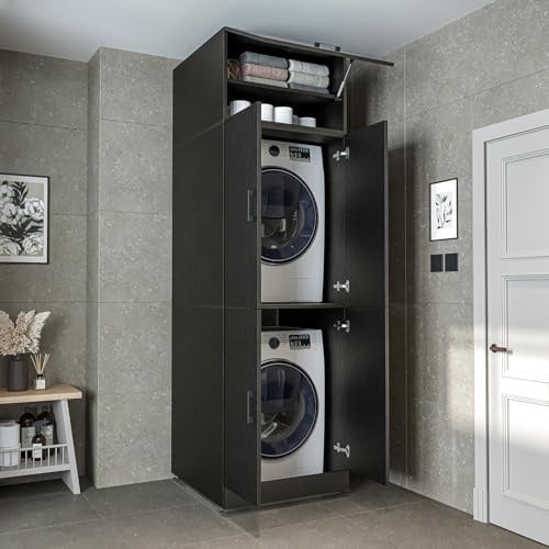 ROOMART Waschmaschinenschrank Dora für Waschmaschine & Trockner, mit Regalböden, 5 Farben wählbar (Schwarz-Eiche, Mit Aufsatzschrank: (HBT): 230 x 70 x 73,8 cm)