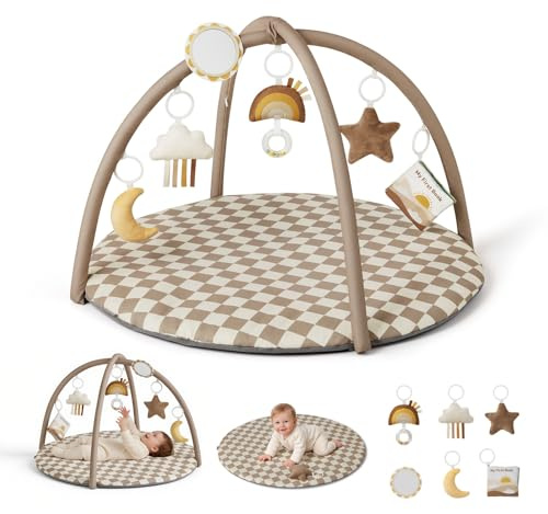 Blissful Diary Spielbogen Baby, Spieldecke Baby Gym Activity Decke mit 6 Abnehmbare Spielzeuge, krabbeldecke Einfach zu Installieren und zu Reinigen, Unverzichtbare Babygeschenke, Taupe Karo