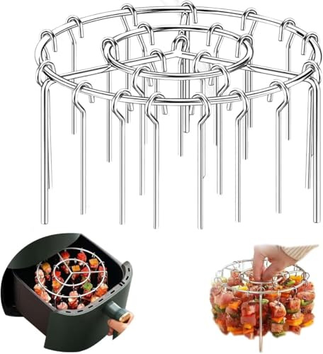 Air Fryer Rack Round 6 inch with 24PCS Metal BBQ Kebab Skewers, Stainless Steel Air Fryer Tray Accessories, Multi-Purpose Cooking Grill Racks Stand and Hanging Kebab Skewers Silver