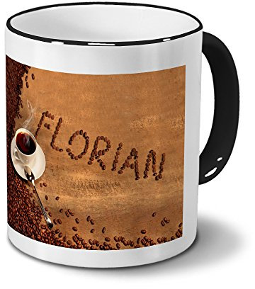 printplanet Tasse mit Namen Florian - Motiv Kaffeebohnen - Namenstasse, Kaffeebecher, Mug, Becher, Kaffeetasse - Farbe Schwarz