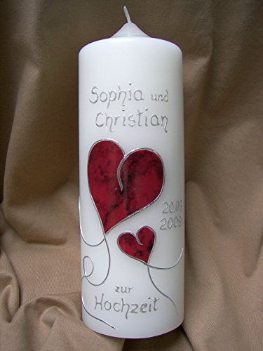 Hochzeitskerze mit roten Herzen in 20 x 7 cm ; inkl. Beschriftung ! H 3