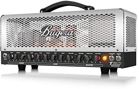 Bugera T50 INFINIUM Cabezal de amplificador de tubo de 2 canales estilo jaula de 50 vatios con multiplicador de vida útil del tubo INFINIUM, funcionamiento y reverberación multiclase A/AB