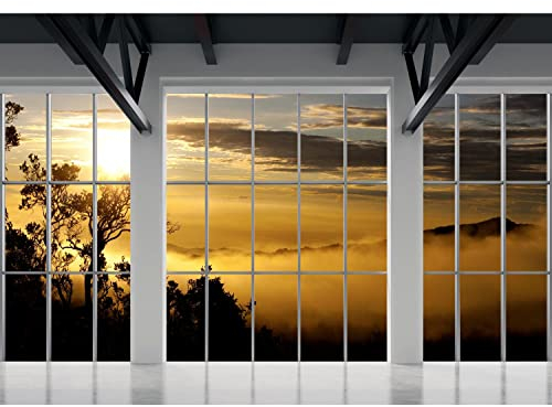 Runa Art Fototapete Fenster Sonnenuntergang Afrika 352 x 250 cm Vlies Tapeten XXL Moderne Wandtapete Wohnzimmer Schlafzimmer Gelb Weiss 9188011a