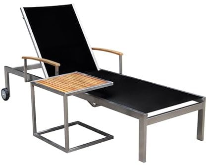 OUTFLEXX Sonnenliege inkl. Tisch aus hochwertigem schwarzen Edelstahl und Teak-Holz, ca. 45x45cm, wetterfeste Sonnenliege, komplettes Set mit komfortabler Outdoorliege und praktischem Beistelltisch