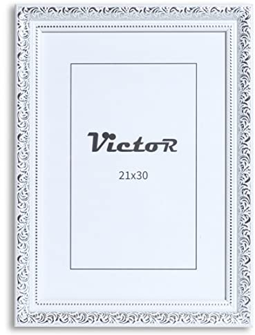 VictoR Vintage Bilderrahmen „Rubens“ in 21x30 cm (A4) Weiß Silber - Leiste: 30x20mm - Echtglas - Fotorahmen Barock - Antik - Bilderrahmen 20x30 Vintage - Fotorahmen A4 Weiß