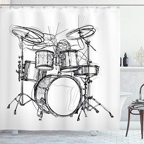 ABAKUHAUS Rockmusik Duschvorhang, Schlagzeuger-Gekritzel-Kunst, Stoffliches Gewebe Badezimmerdekorationsset mit Haken, 175 x 180 cm, Weiß Schwarz