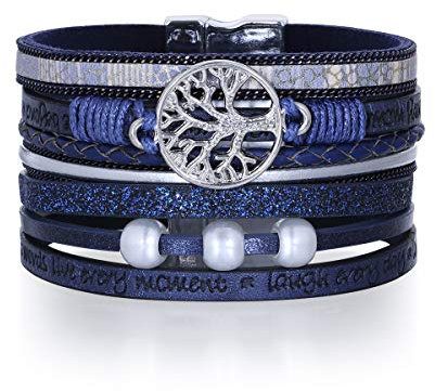 GW Leder Wrap Armband für Frauen Multi Rope Armbänder Manschette Handmade Bohemian Armkette Bracelets (Blau)