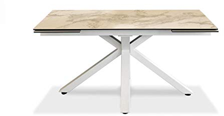 Sololed Ausziehbarer Tisch von 160 cm bis 240 cm, moderner Esstisch mit zwei Verlängerungen, Oberseite aus Keramik auf gehärtetem Glas und Beinen aus Metall (weißes Marmor)