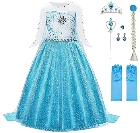 URAQT Mädchen Prinzessin Kostüm, Kinder Kleid 6-teiliges Set mit Krone Diadem Handschuhe Zauberstab usw für Weihnachten Verkleidung Karneval Halloween,150CM