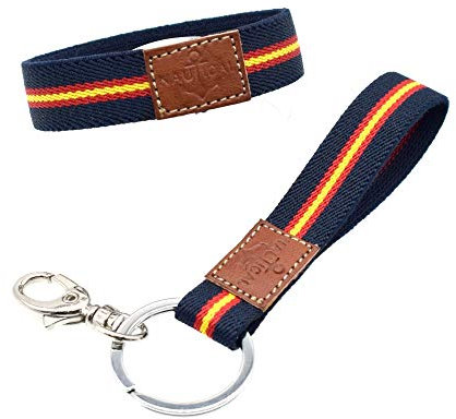 BDM Llavero y Pulsera de Tela Azul Marina con la Bandera de España elásticos y náutico. Elásticos y con argolla Plateada.